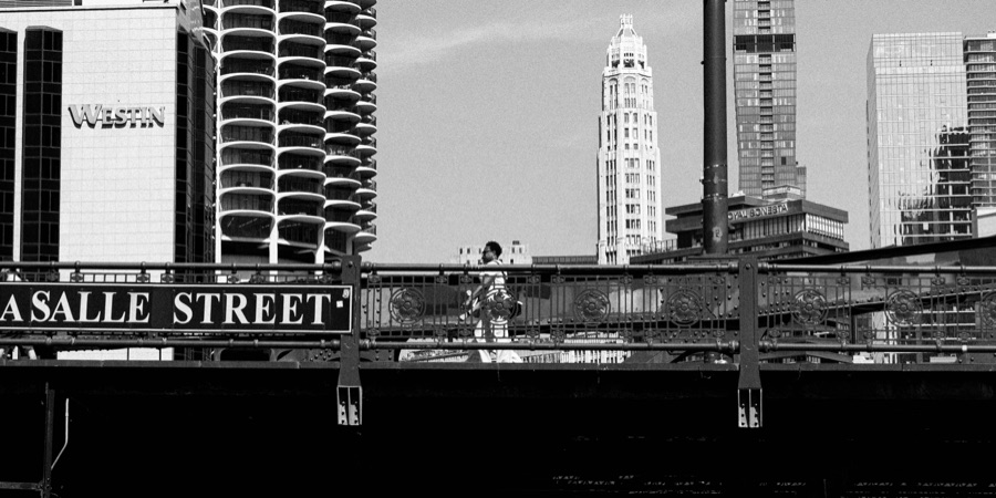 LaSalle Street bridge in black and white